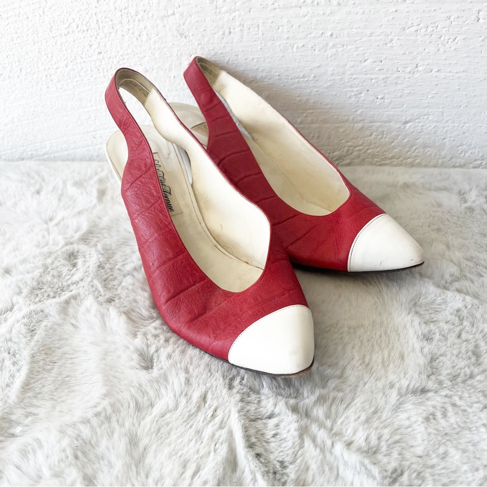 VINTAGE SAKS FIFTH AVENUE Alter Ego Red and White Slingback Leather Heels